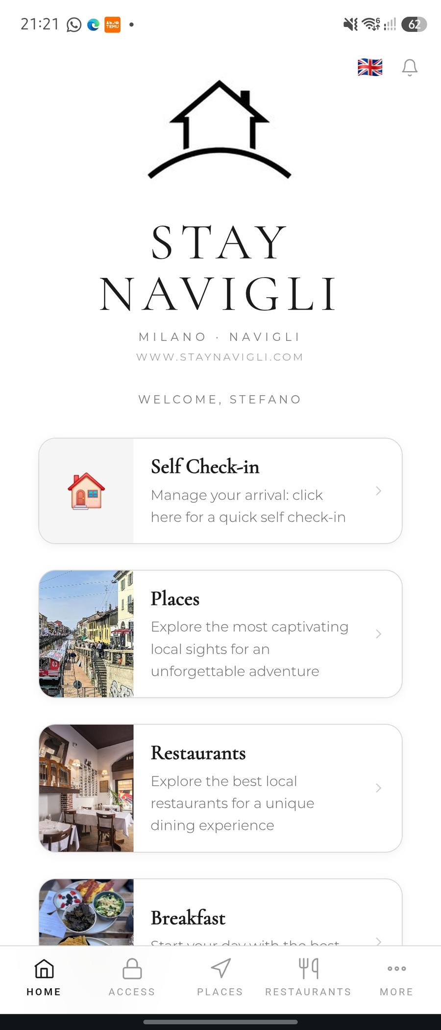 Home screen of the guest web app